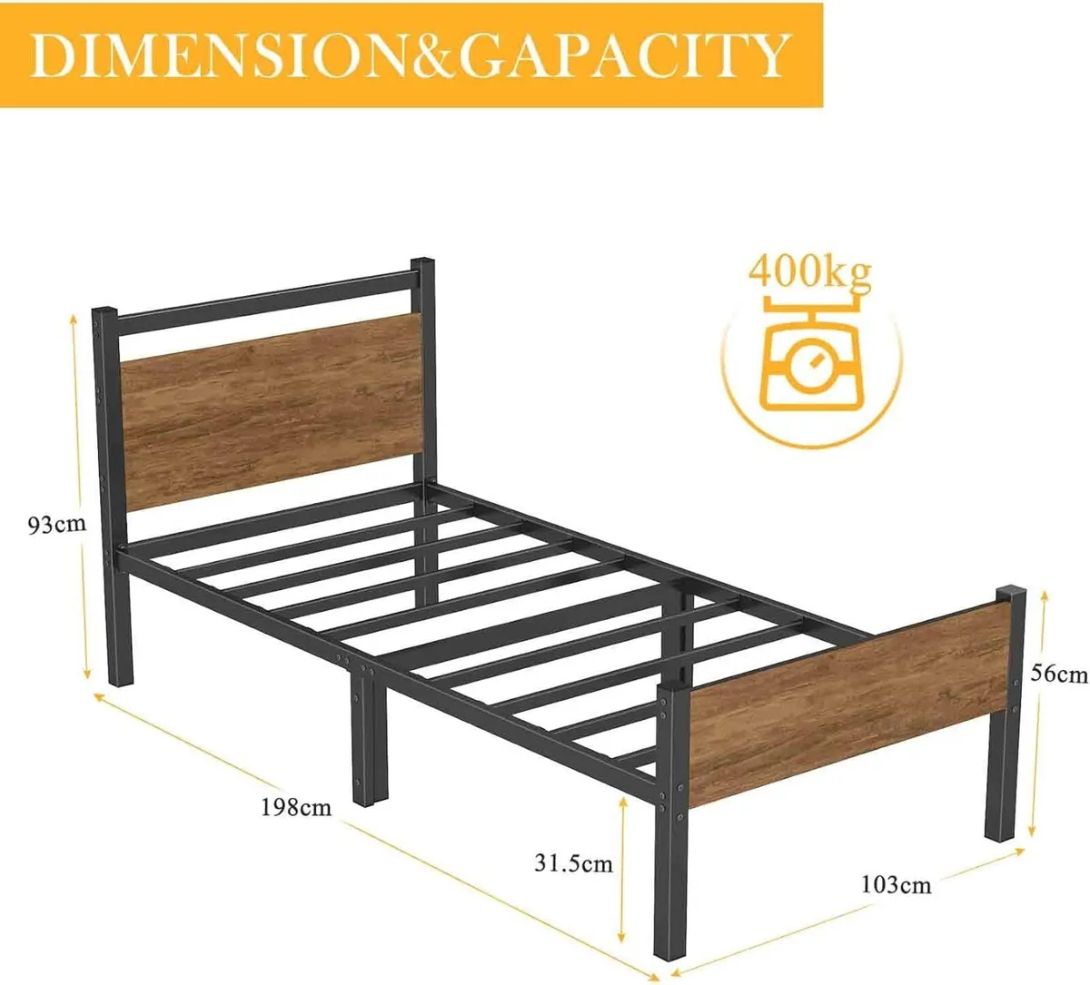 Bed Frame with Wooden Headboard 31.5CM Metal - Image 2
