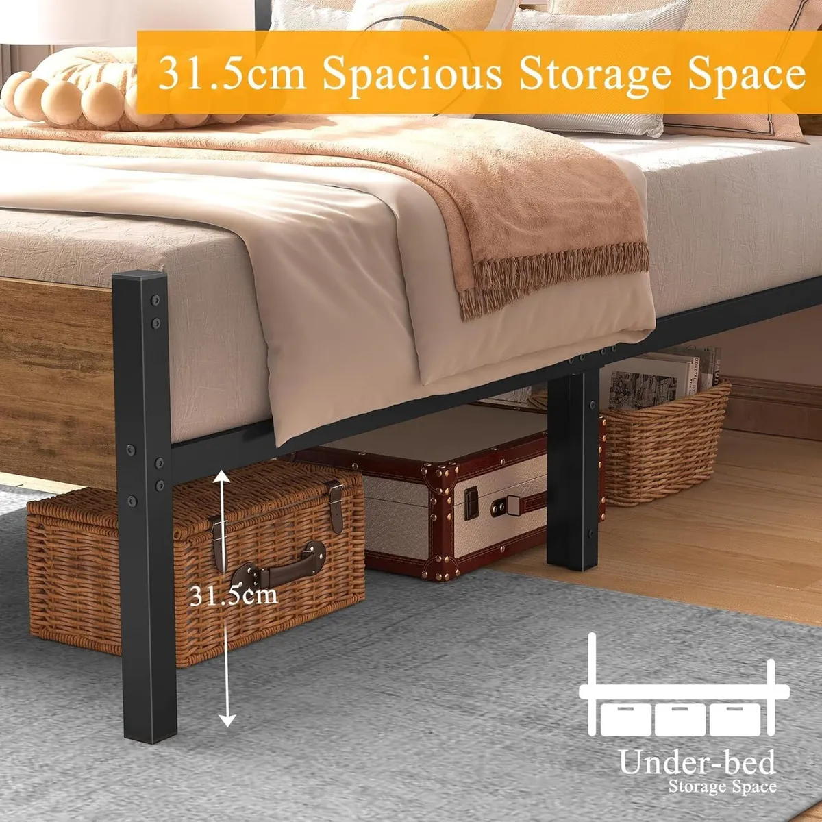 Bed Frame with Wooden Headboard 31.5CM Metal - Image 3