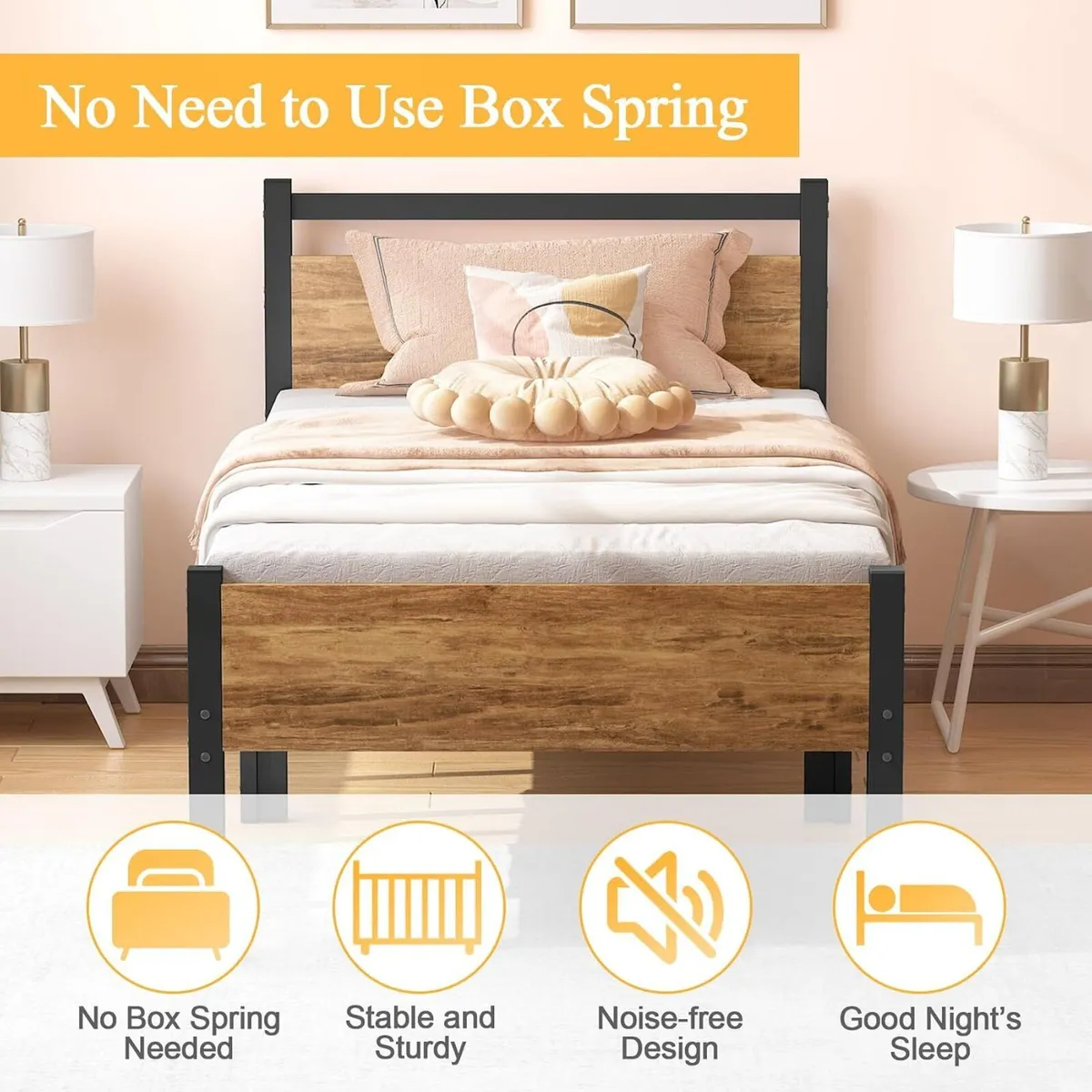 Bed Frame with Wooden Headboard 31.5CM Metal - Image 4