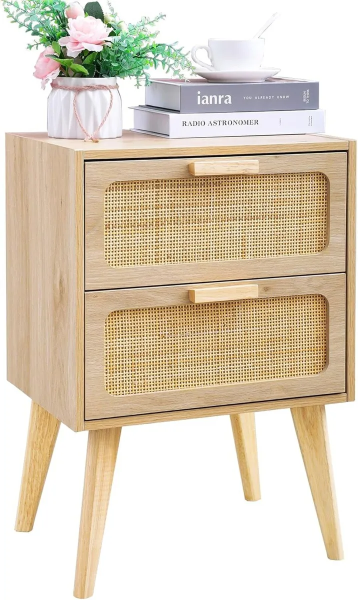 Scandinavian Bedside Table Rattan Nightstand 2 - Image 1