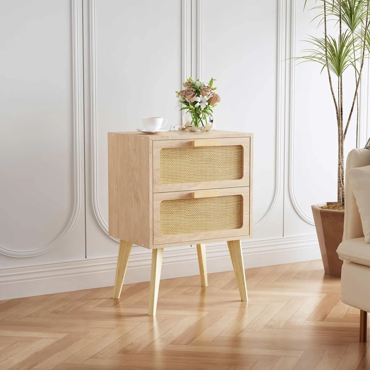 Scandinavian Bedside Table Rattan Nightstand 2 - Image 2