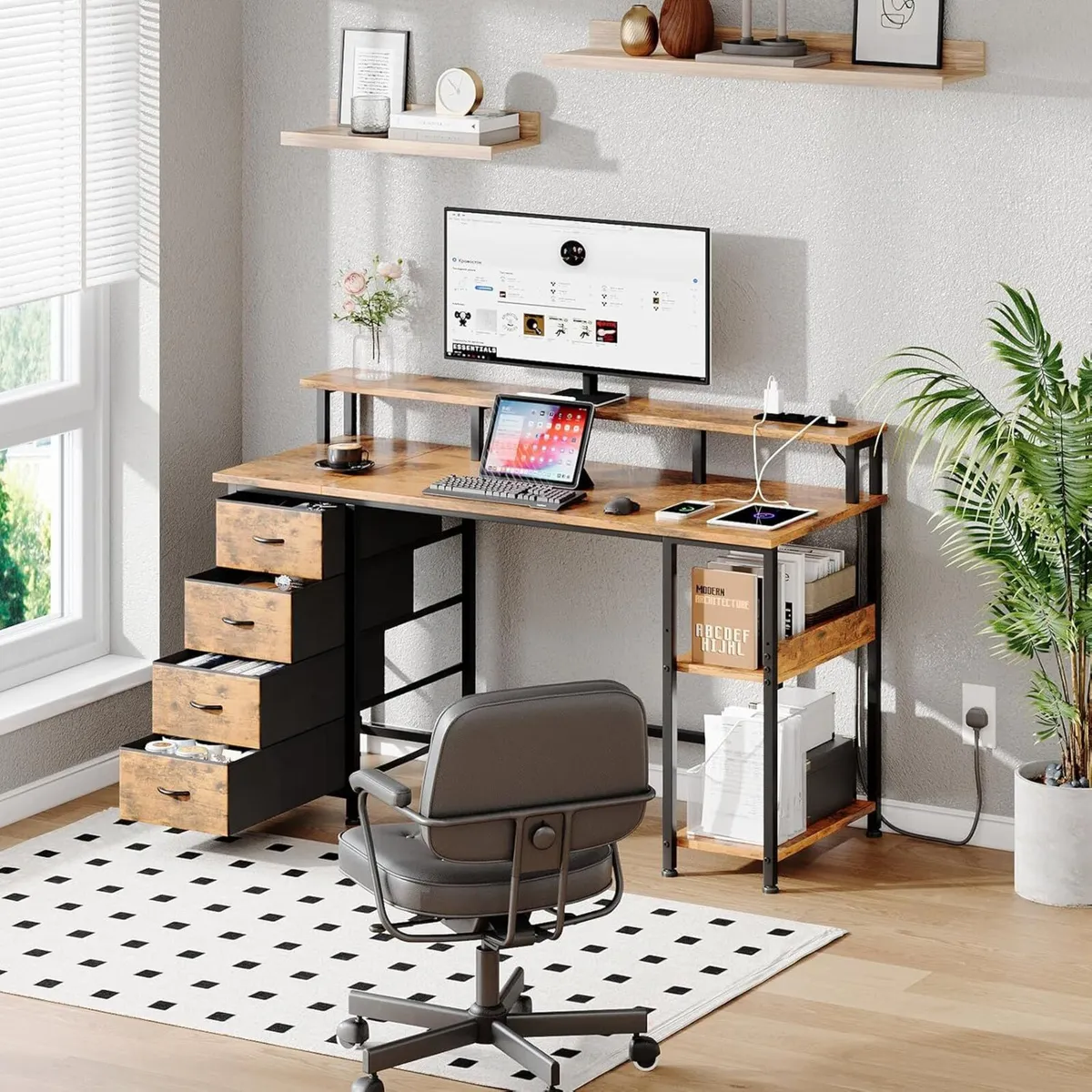 120CM Computer Desk with 4 Fabric Drawers Home - Image 2
