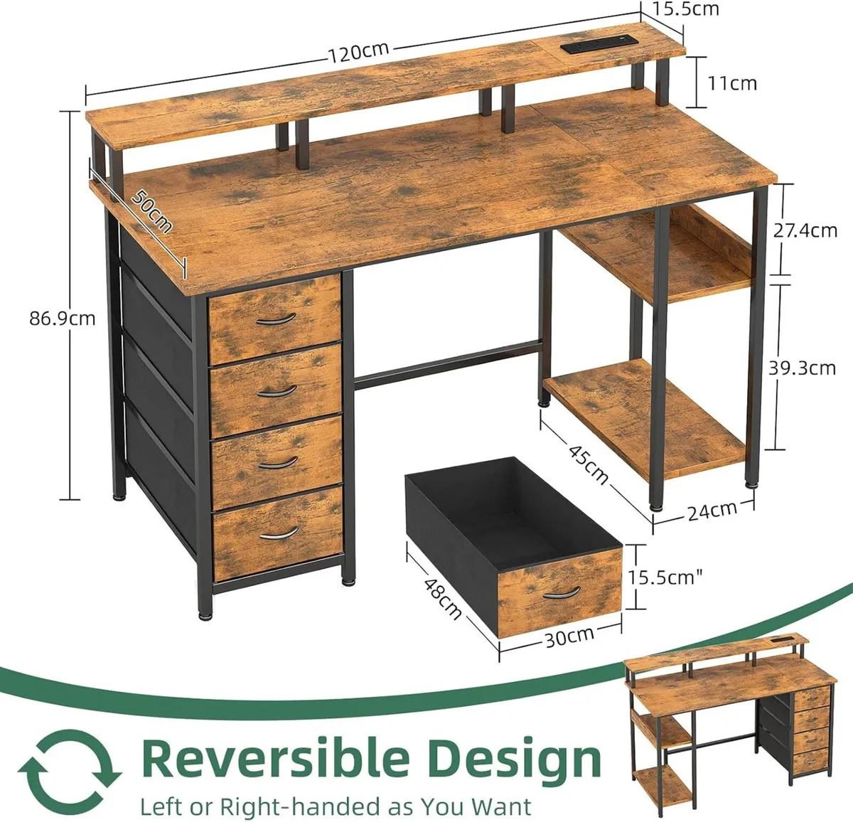 120CM Computer Desk with 4 Fabric Drawers Home - Image 3