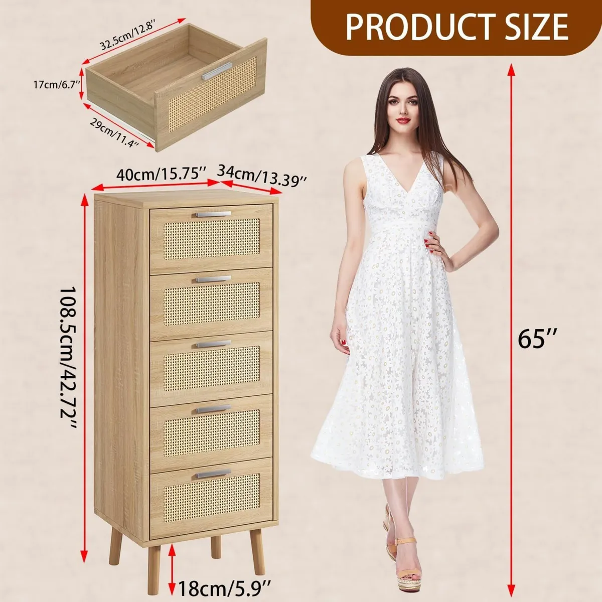 Rattan Chest of Drawers Bedroom with 5 Natural - Image 2