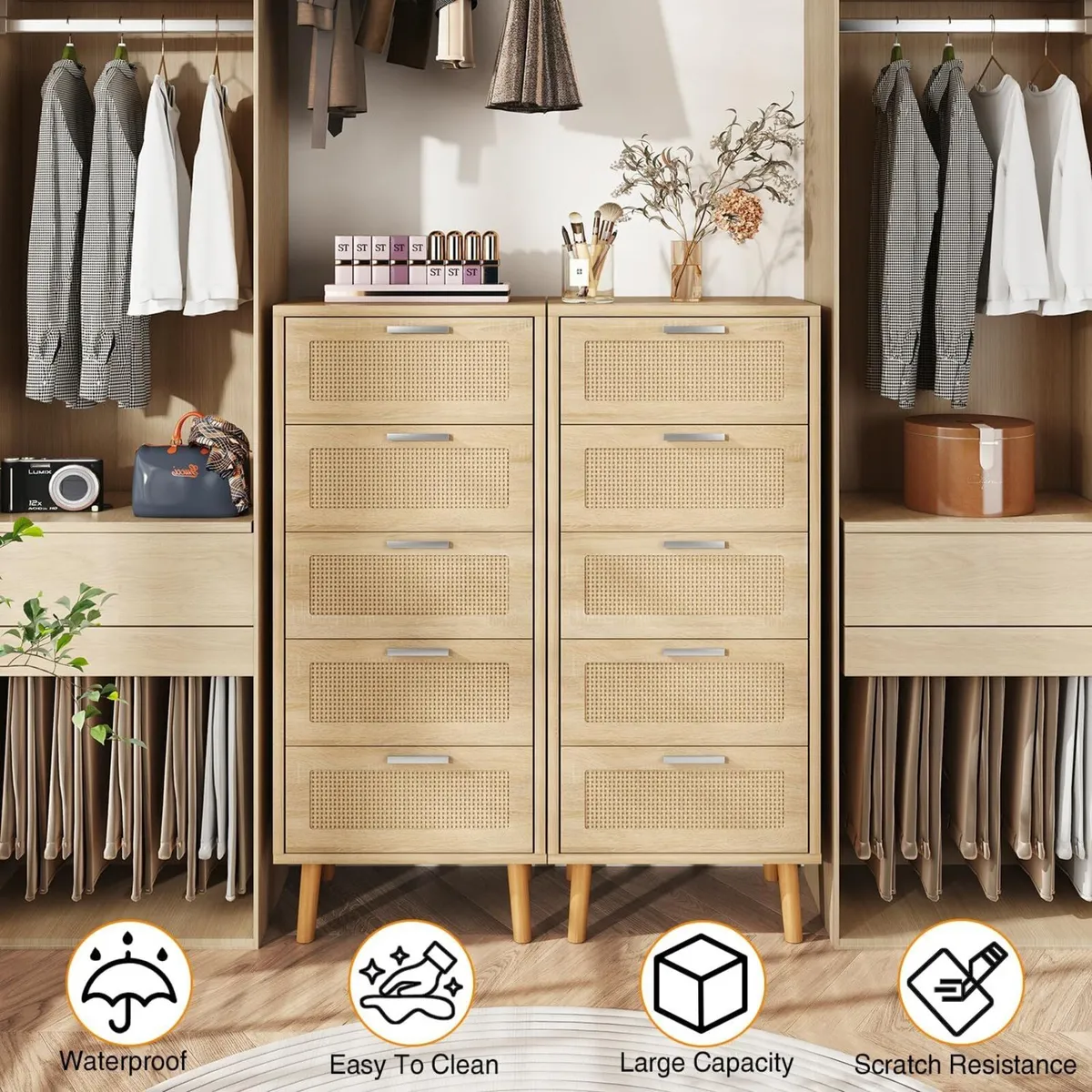 Rattan Chest of Drawers Bedroom with 5 Natural - Image 3
