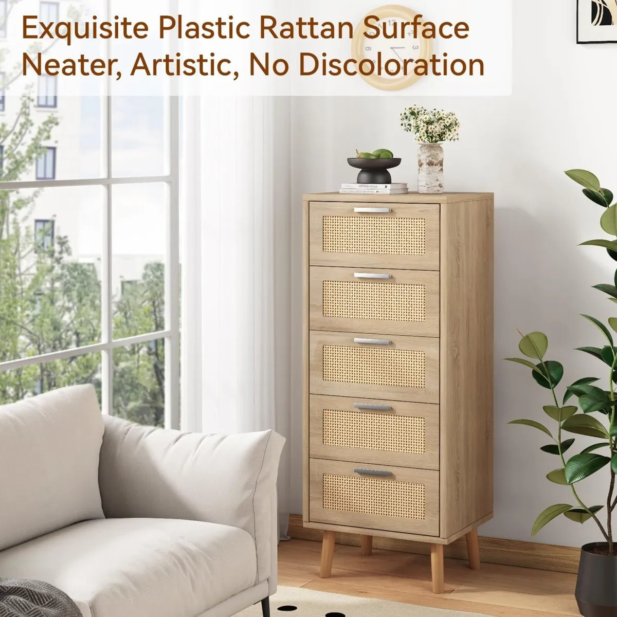 Rattan Chest of Drawers Bedroom with 5 Natural - Image 4