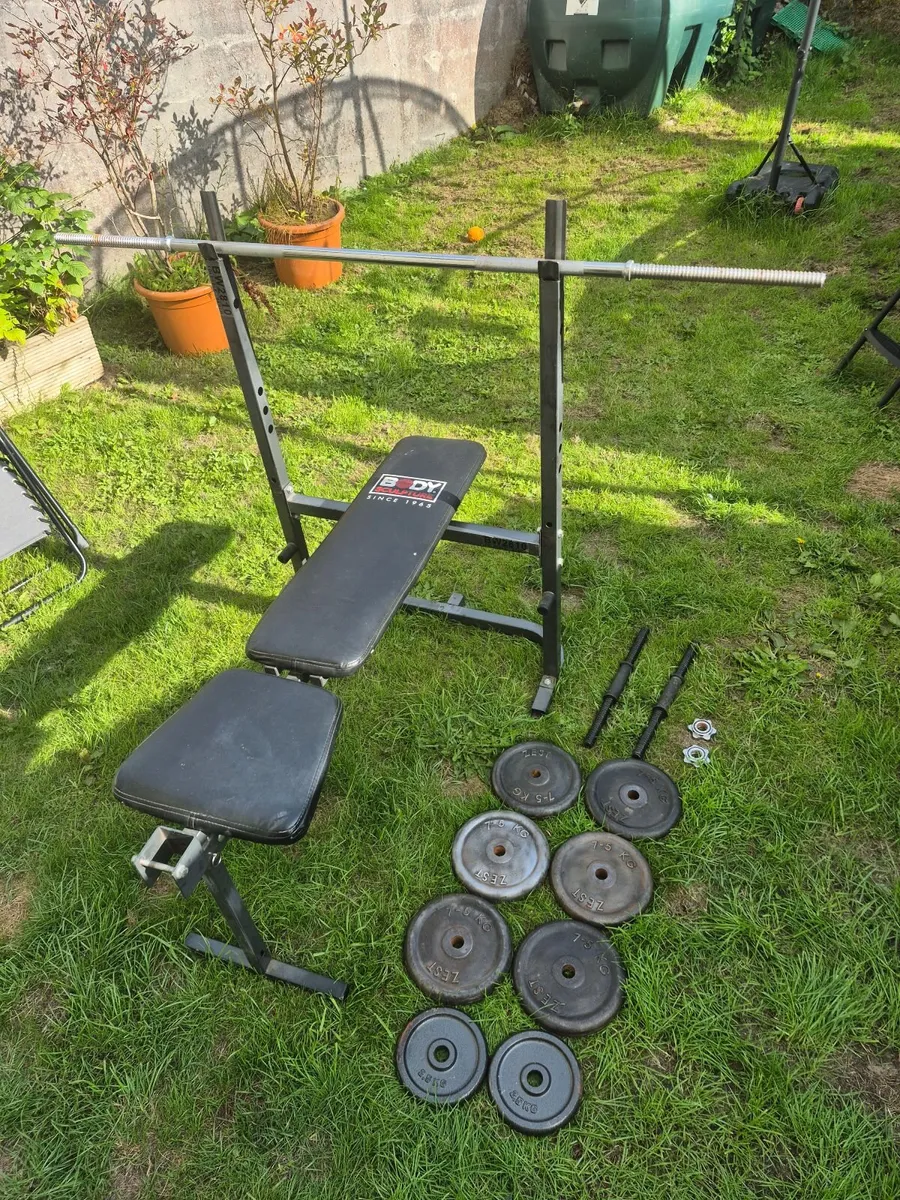 Bench & heavy bar & weights plates 50kg