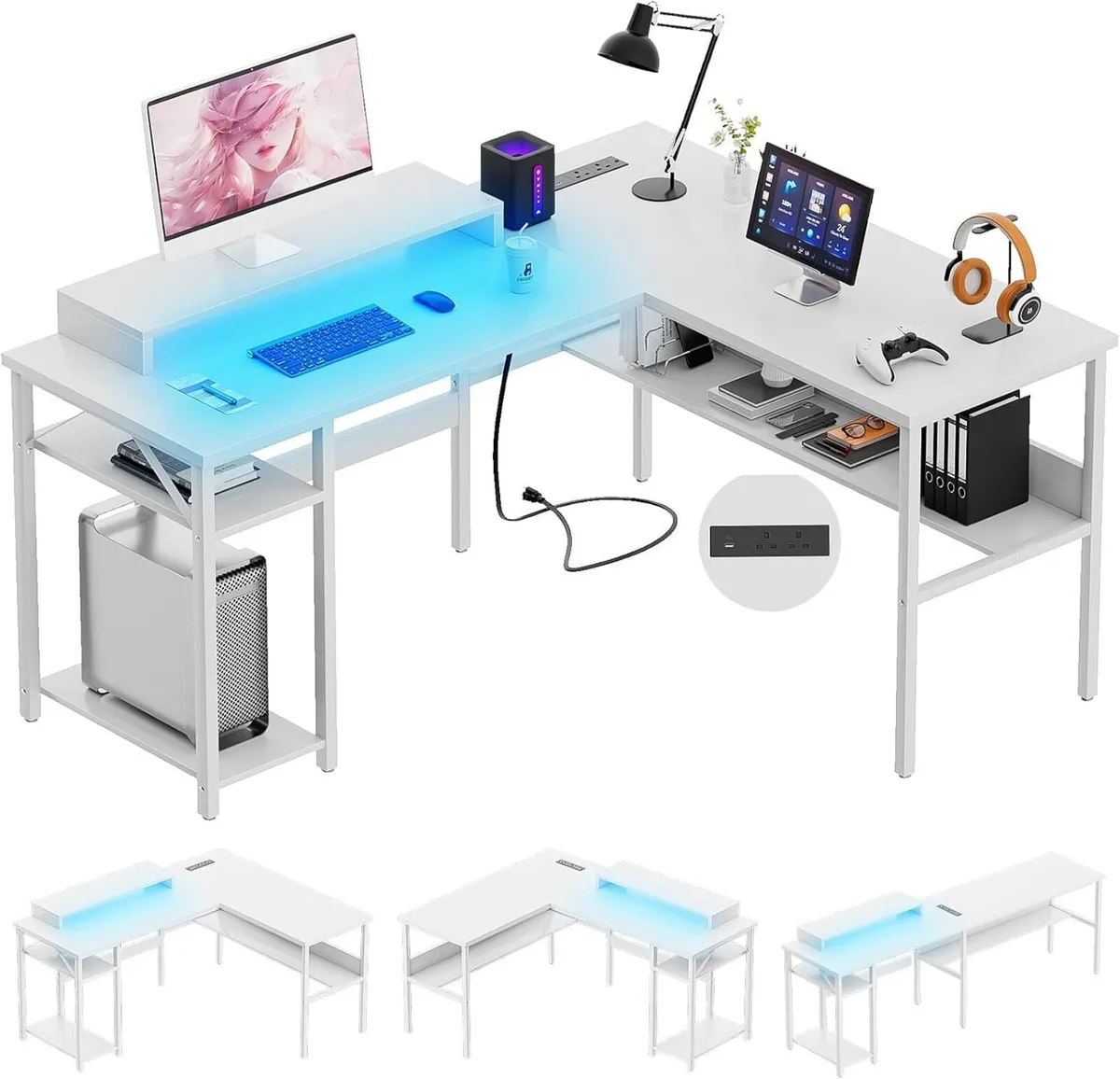 L Shaped Desk Gaming with LED Lights Reversible - Image 1