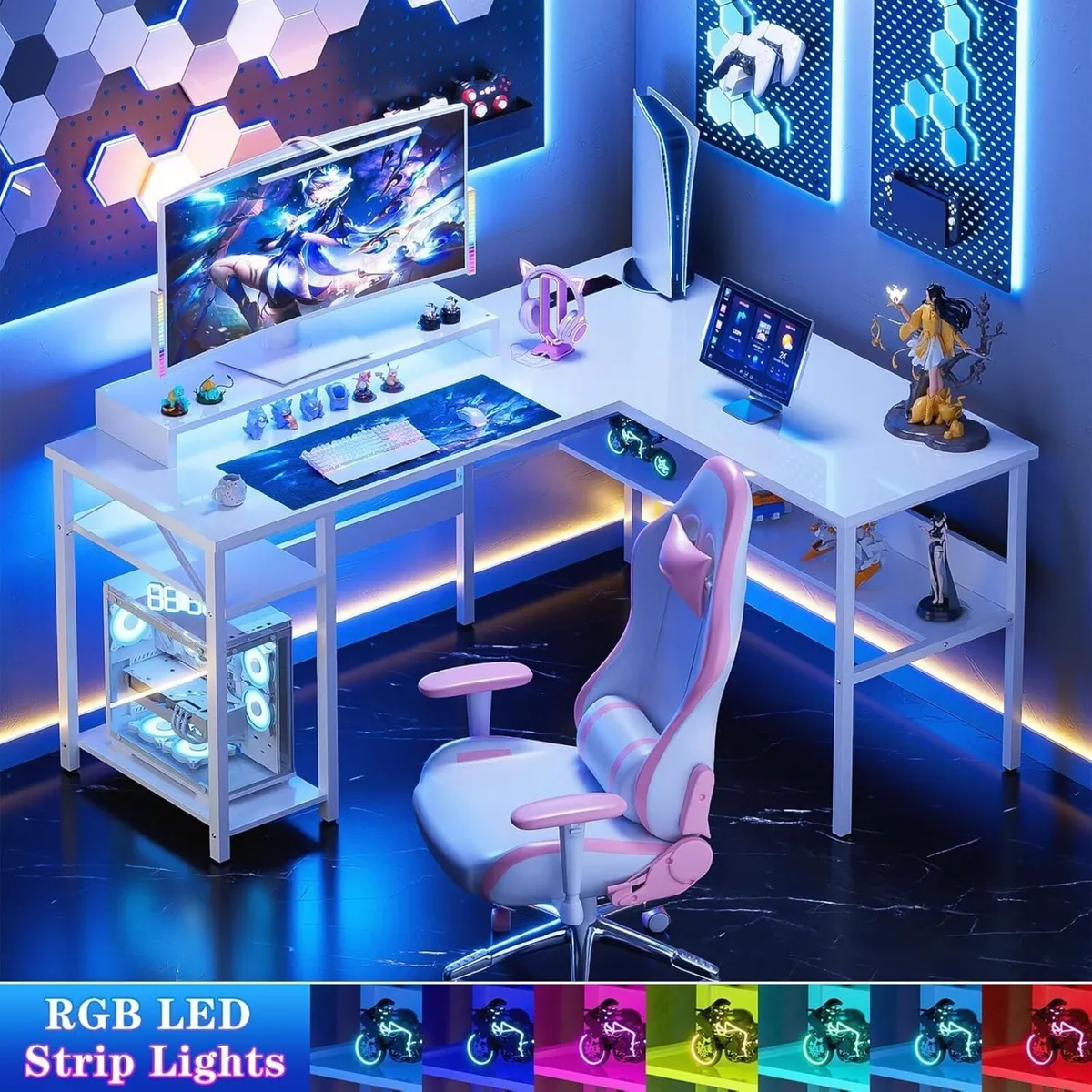 L Shaped Desk Gaming with LED Lights Reversible - Image 4