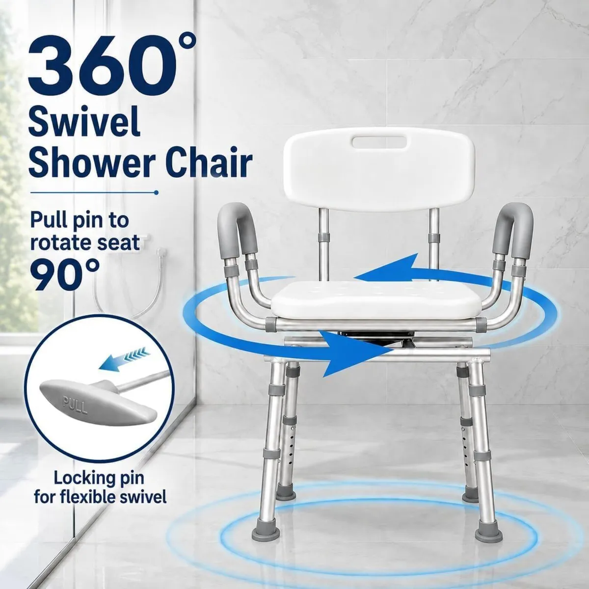 Adjustable Swivel Shower Chair with Arms and Back - Image 2