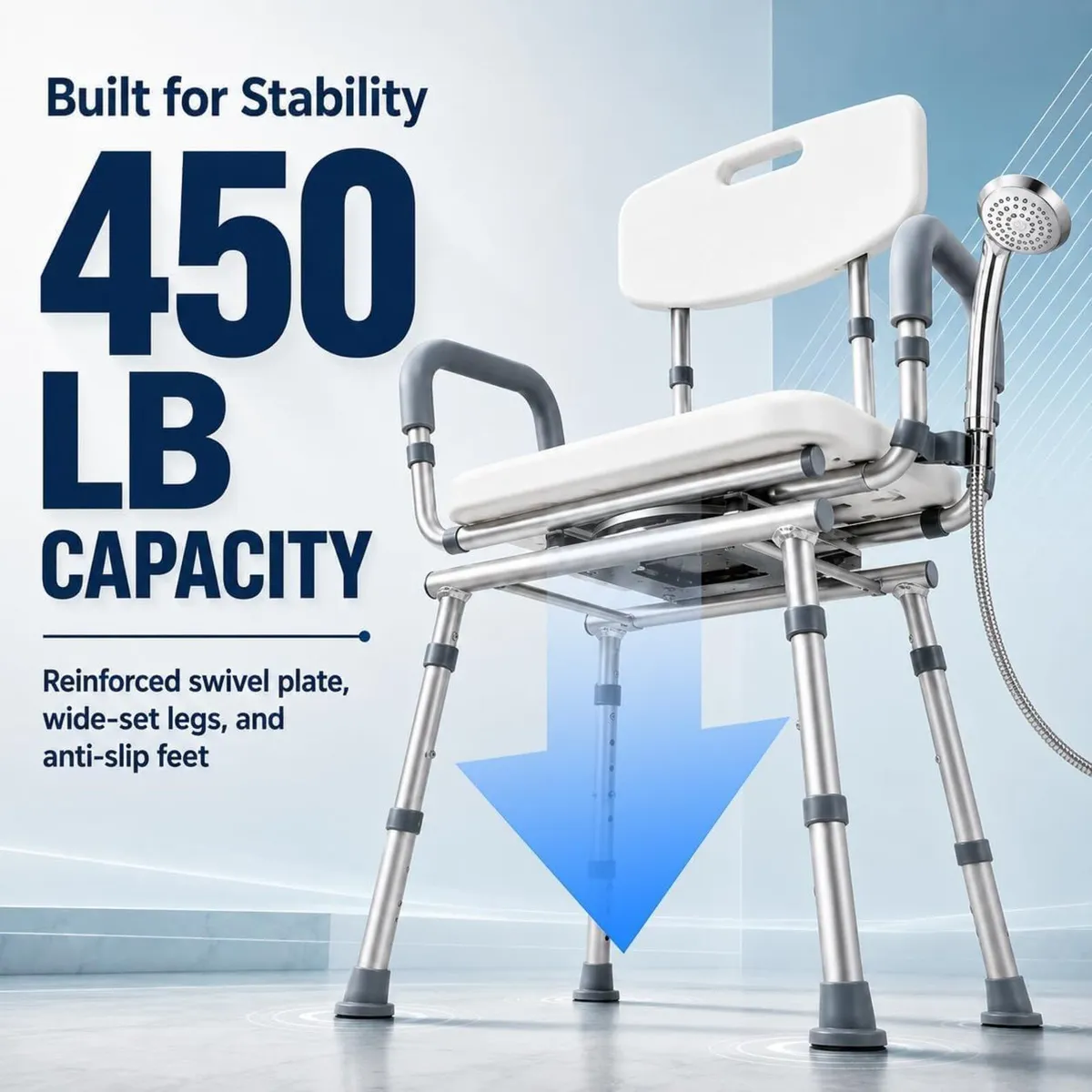 Adjustable Swivel Shower Chair with Arms and Back - Image 3