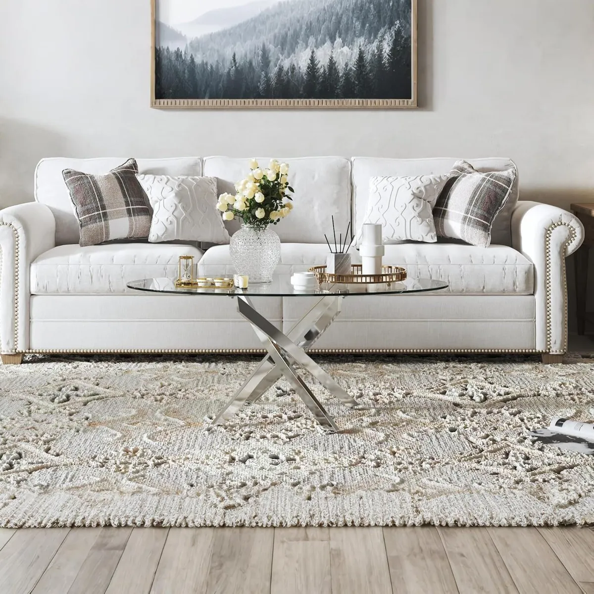 Oval Glass Coffee Table with Chrome Crossed Legs - Image 3