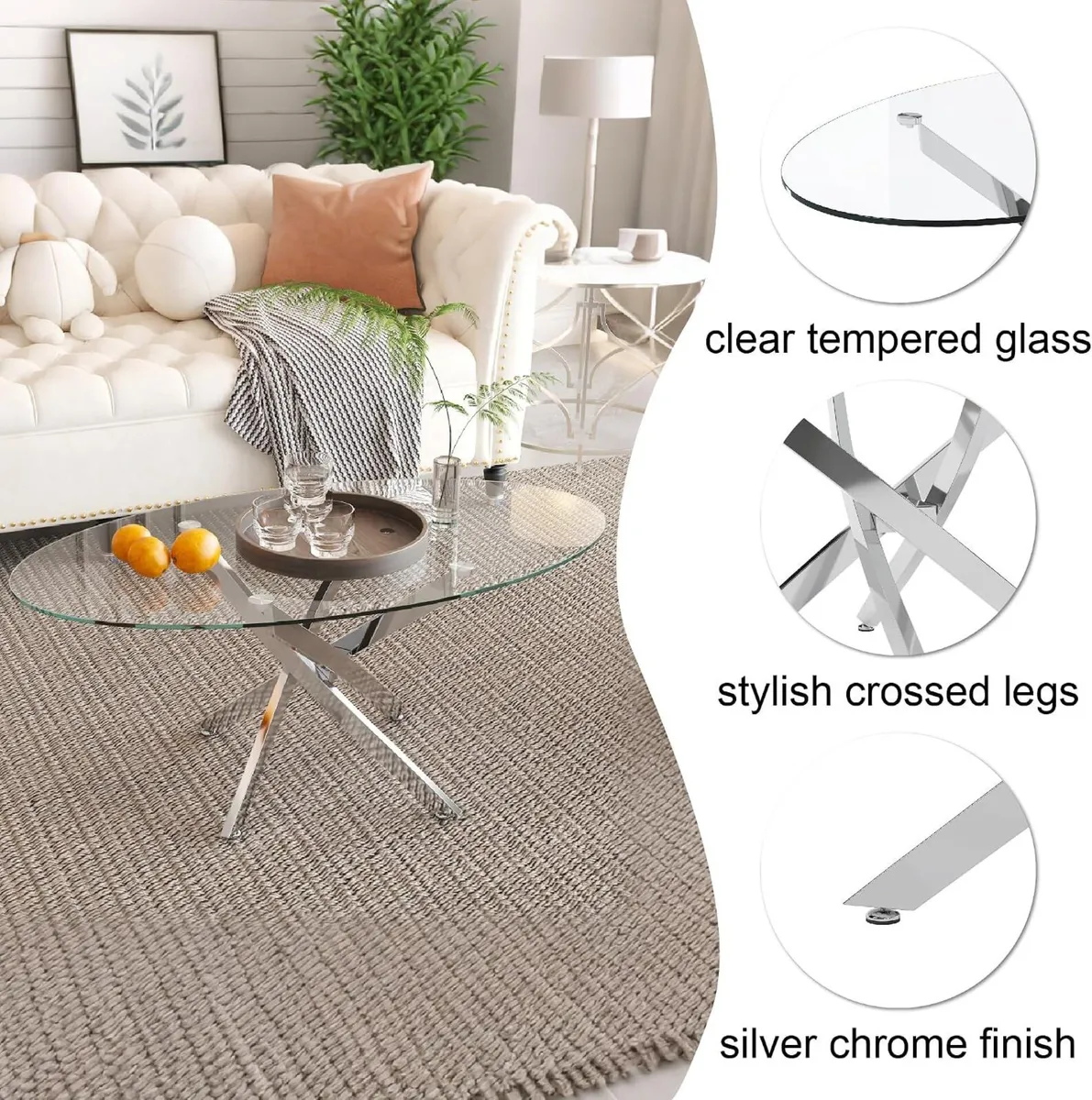 Oval Glass Coffee Table with Chrome Crossed Legs - Image 4