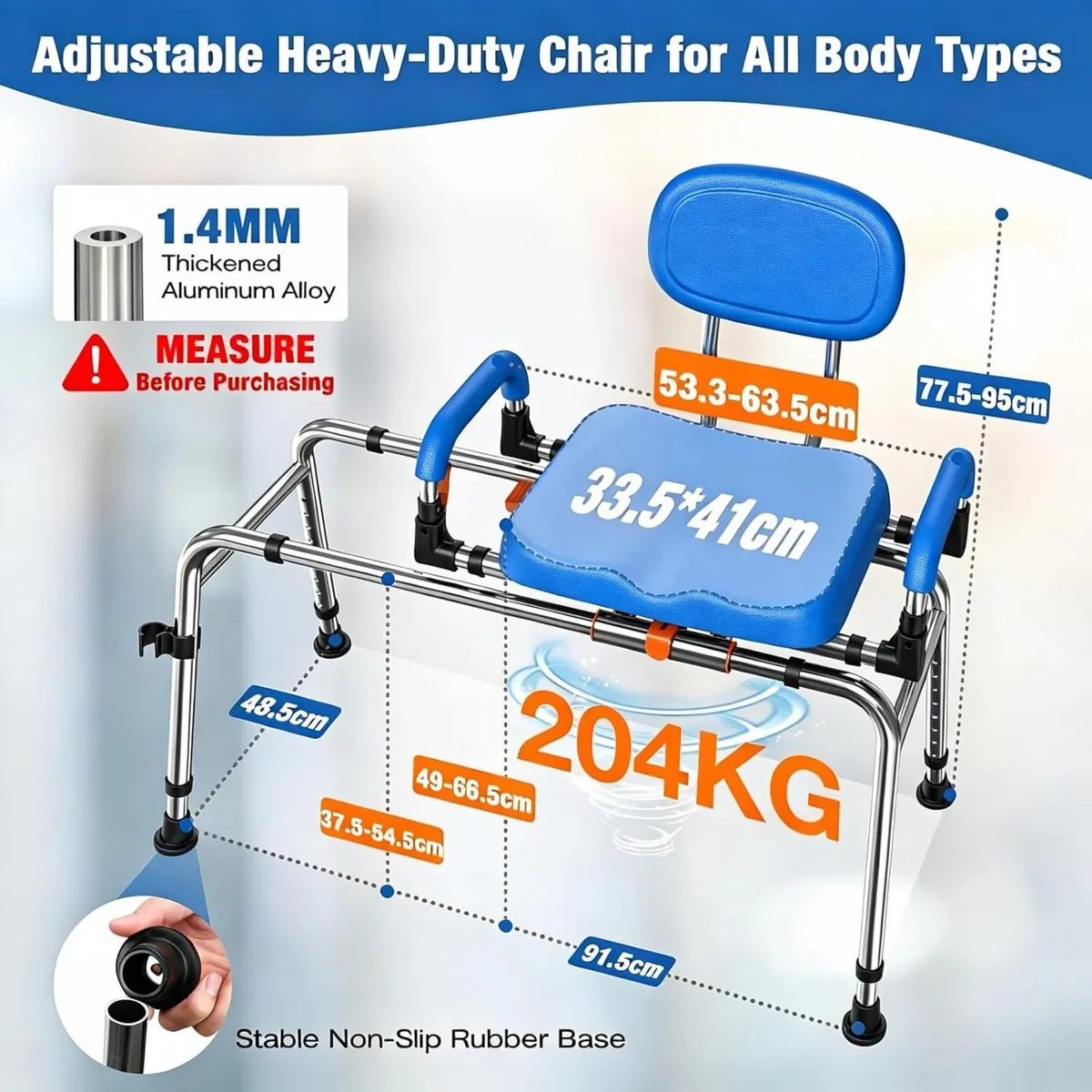 Sliding Shower Chair Swivel Seat 204KG Adjustable - Image 3