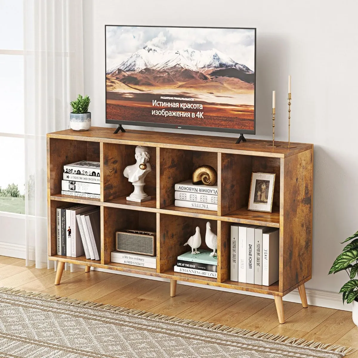 8-Cube Bookshelf 2 Tier Retro Bookcase with Legs - Image 2