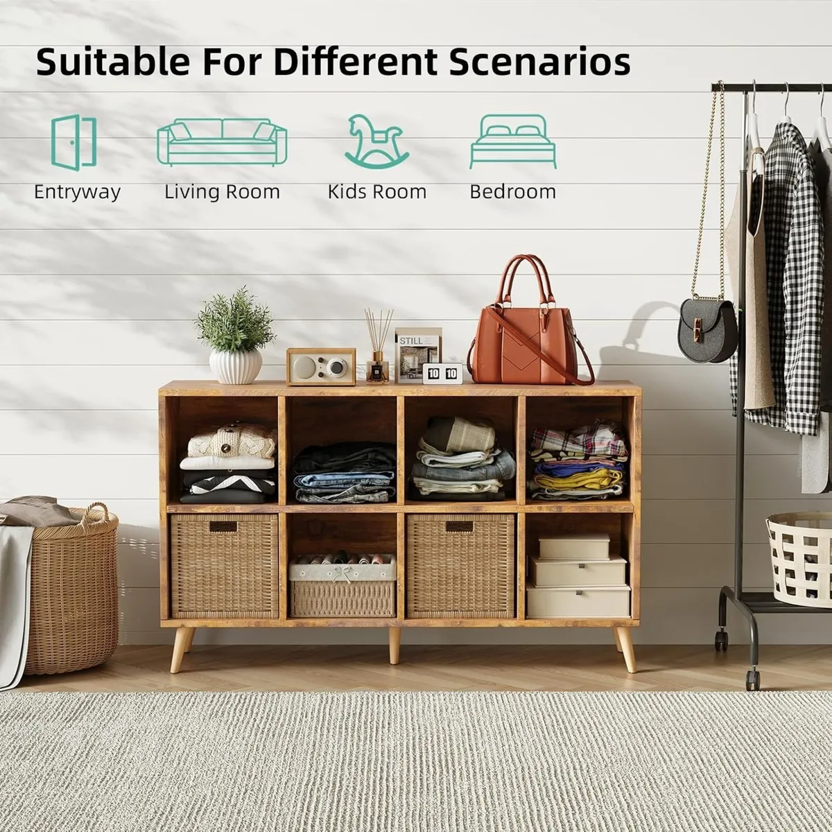 8-Cube Bookshelf 2 Tier Retro Bookcase with Legs - Image 4