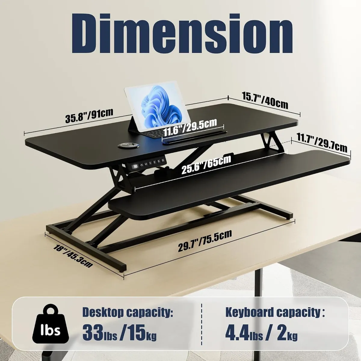 36’’ Electric Standing Desk Converter Height - Image 2