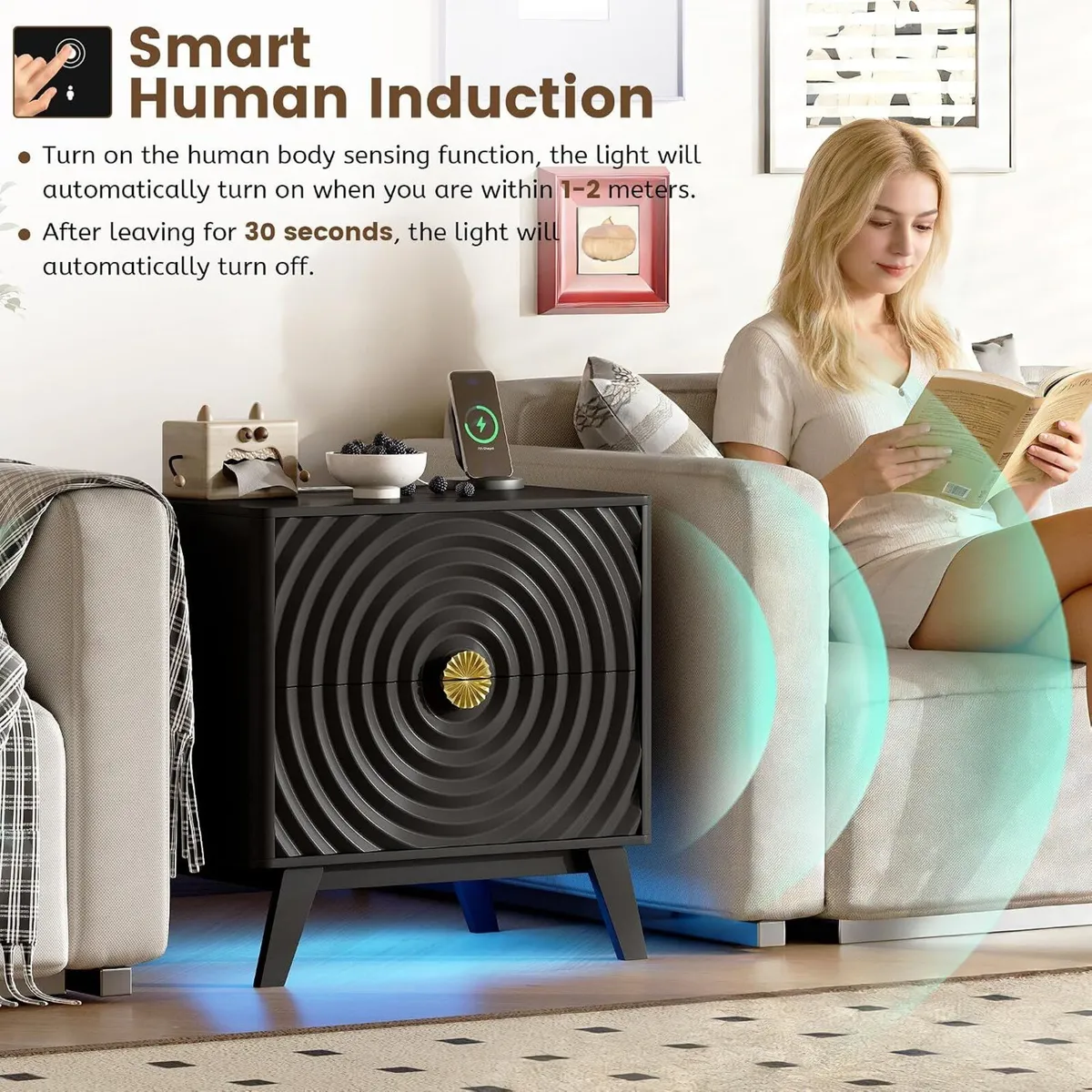 Bedside Tables with 2 Power Outlet Cabinet Human - Image 4