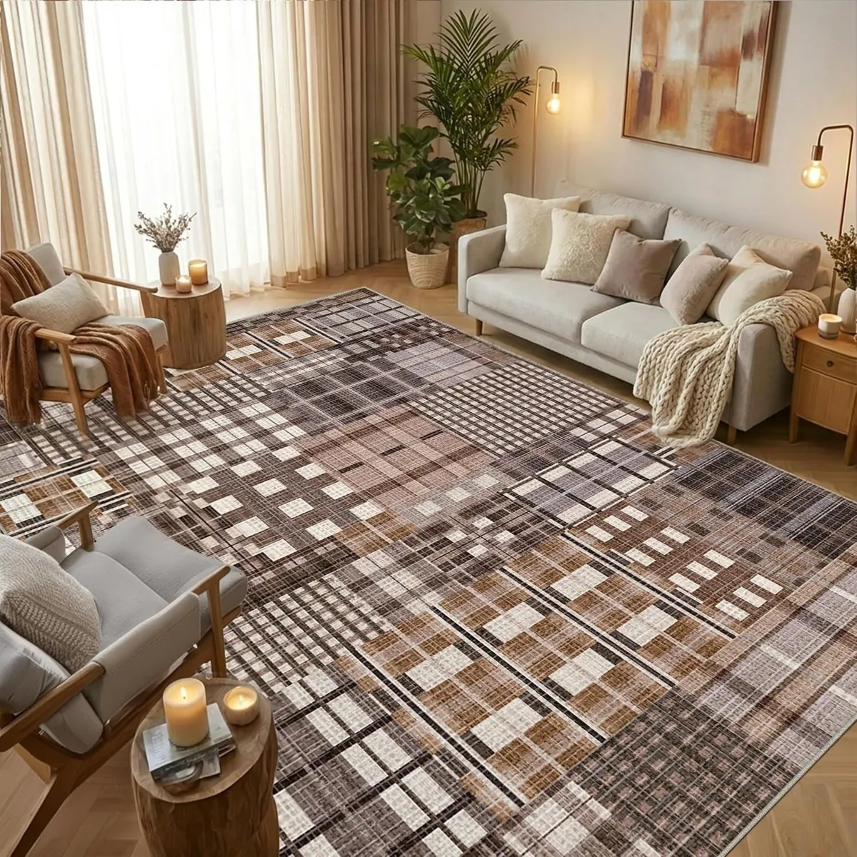 Modern Geometric Large Rug Washable Plaid Area - Image 1