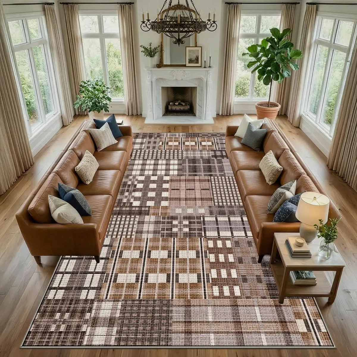 Modern Geometric Large Rug Washable Plaid Area - Image 2