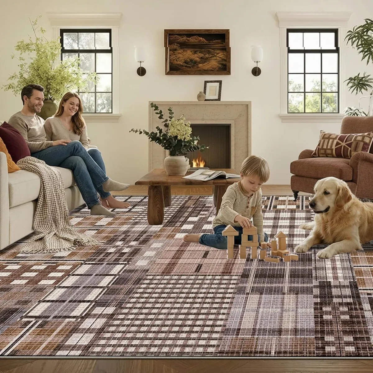 Modern Geometric Large Rug Washable Plaid Area - Image 3