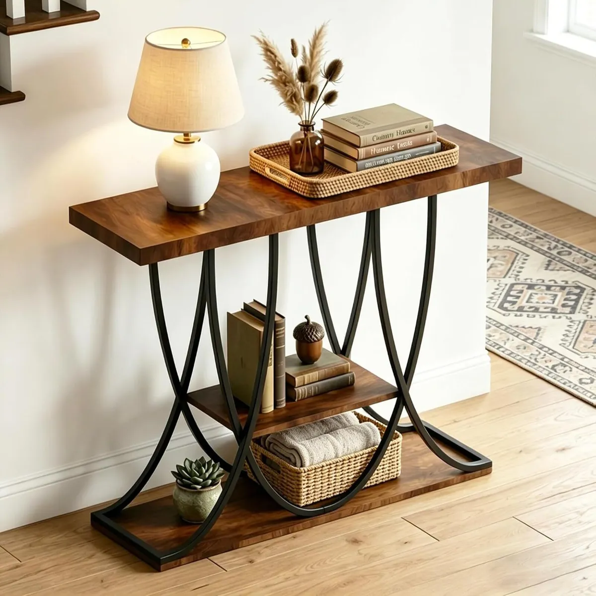 3-Tier Console Table with Curved Metal Frame - Image 1