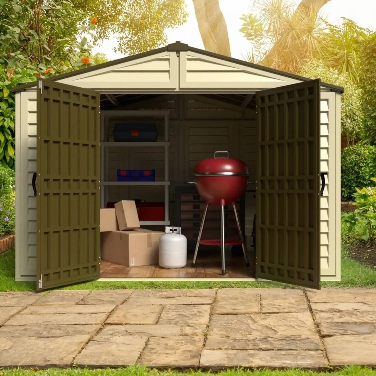 10×8 WoodBridge Vinyl Plastic Sheds – Ivory/Brown - Image 4