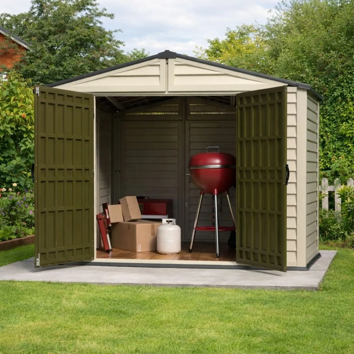 10×8 WoodBridge Vinyl Plastic Sheds – Ivory/Brown - Image 3