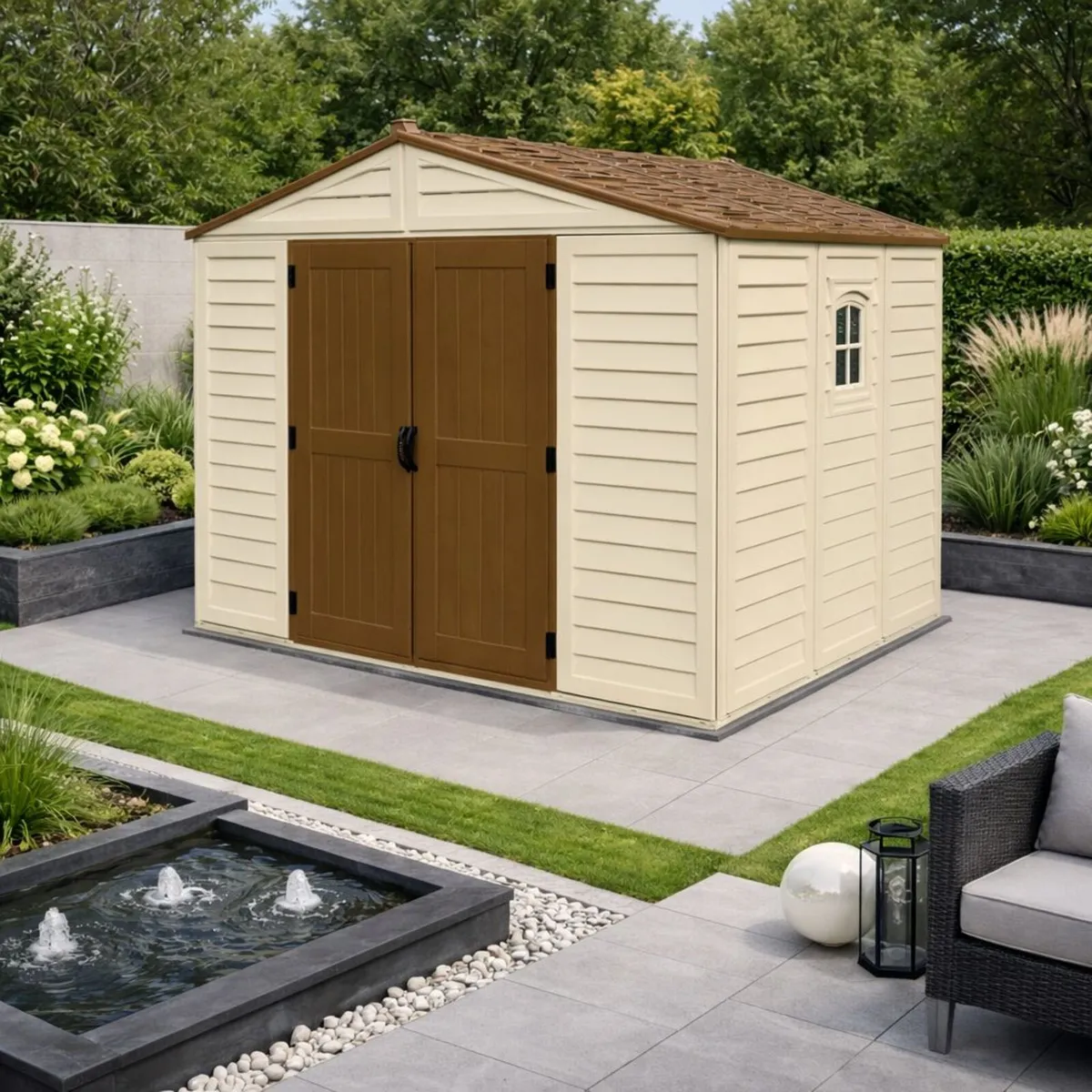10×8 WoodBridge Vinyl Plastic Sheds – Ivory/Brown - Image 1