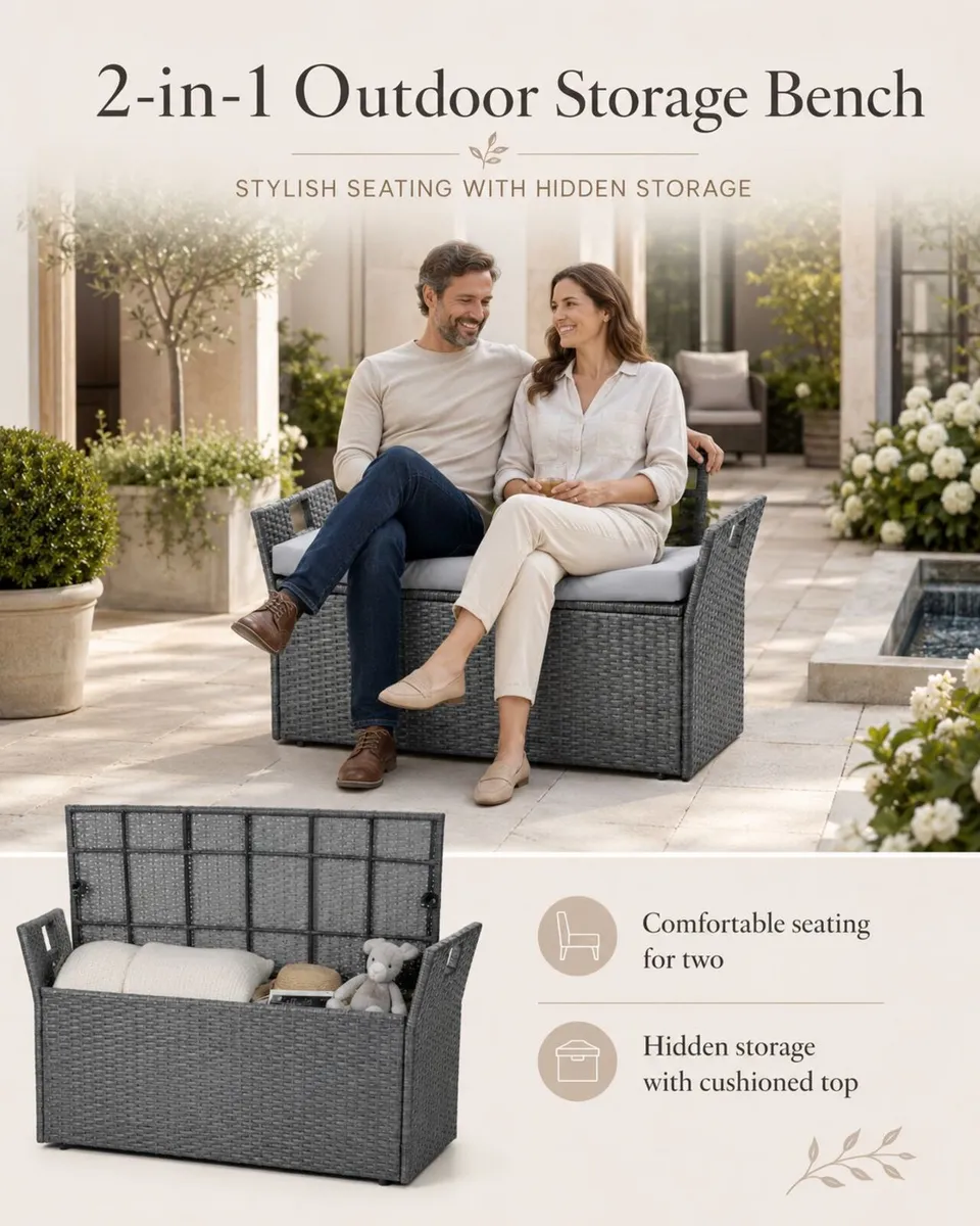 Rattan Garden Storage Bench with Cushion and Seati - Image 2