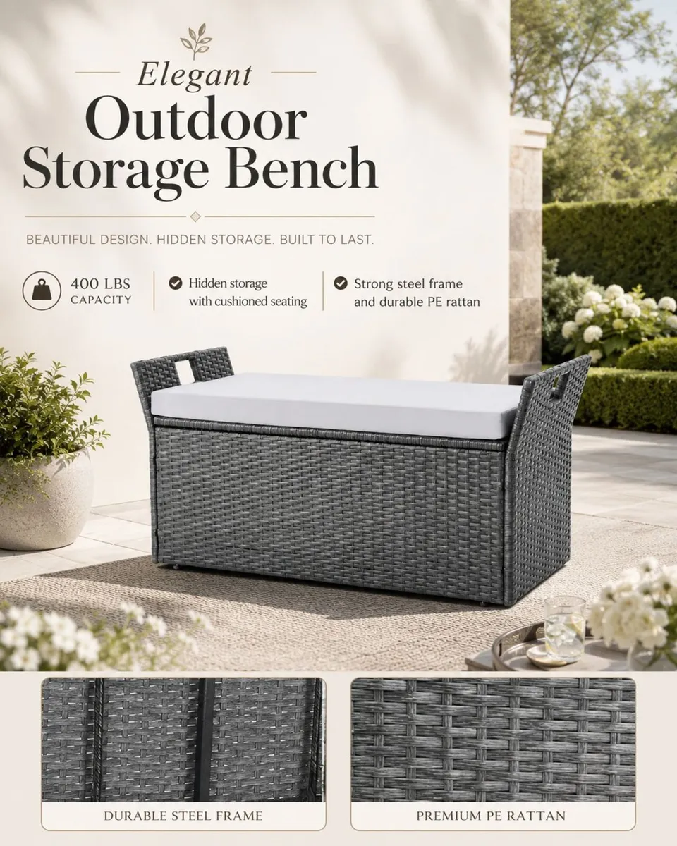 Rattan Garden Storage Bench with Cushion and Seati - Image 4