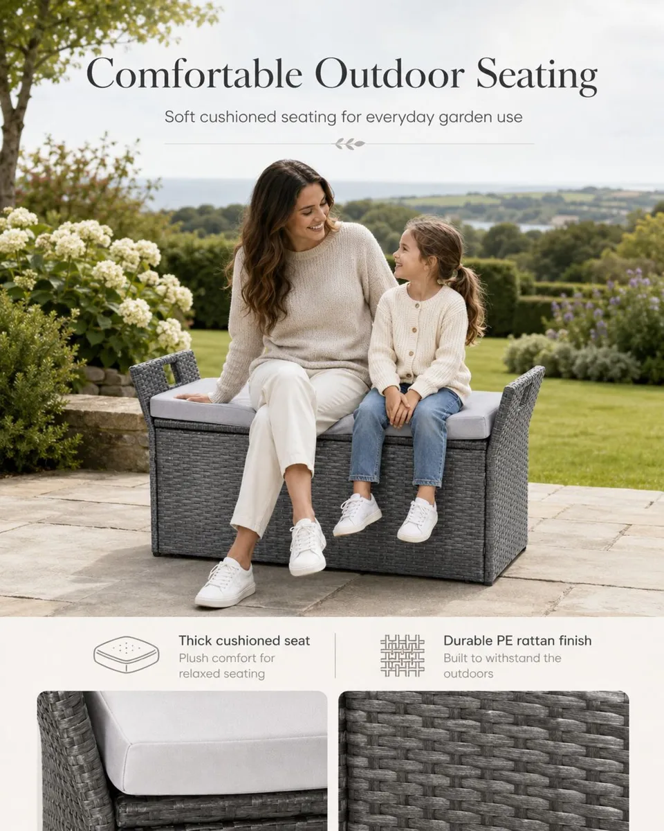Rattan Garden Storage Bench with Cushion and Seati - Image 3