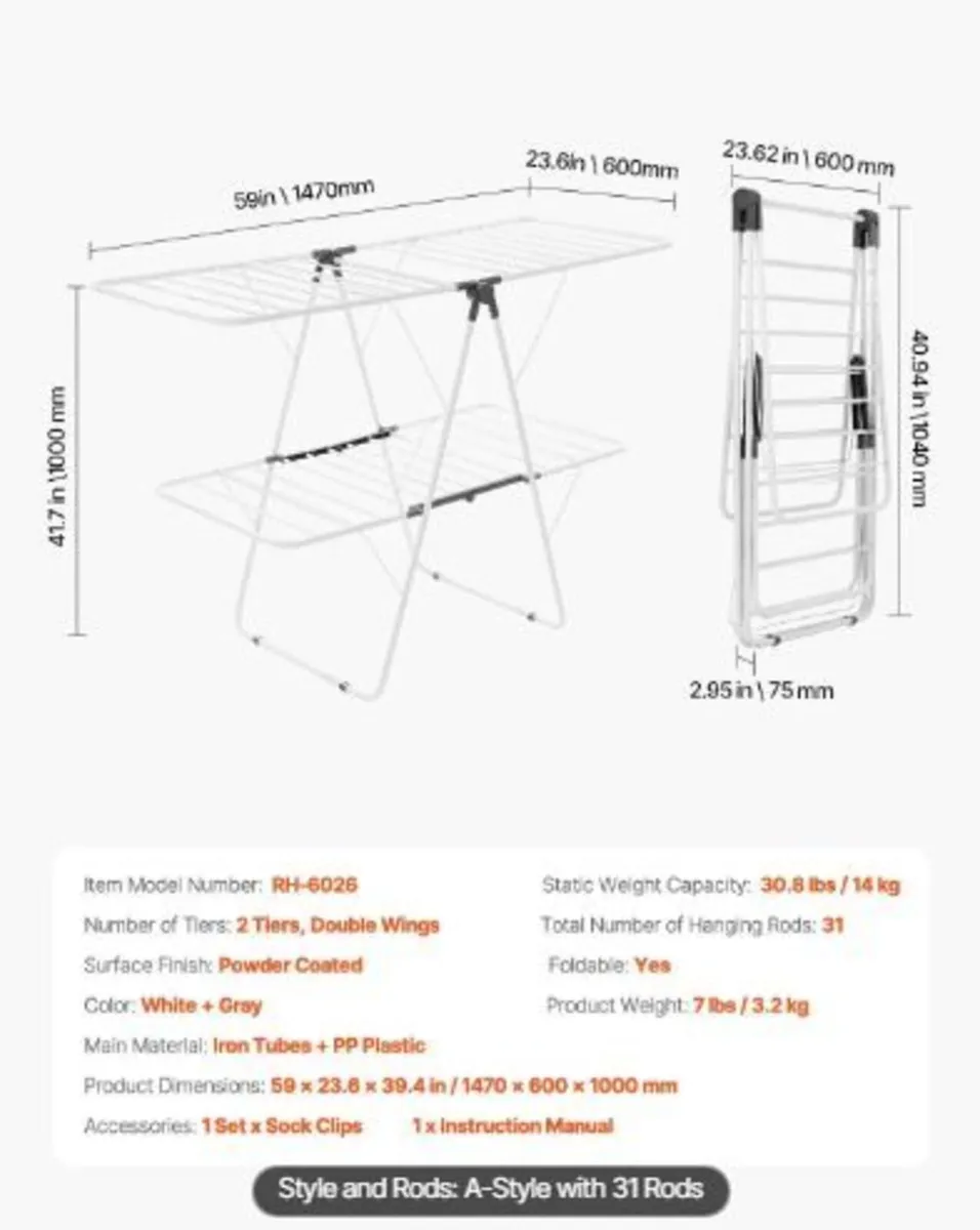 Clothes Drying Rack, 2-Tier Foldable Laundry - Image 3