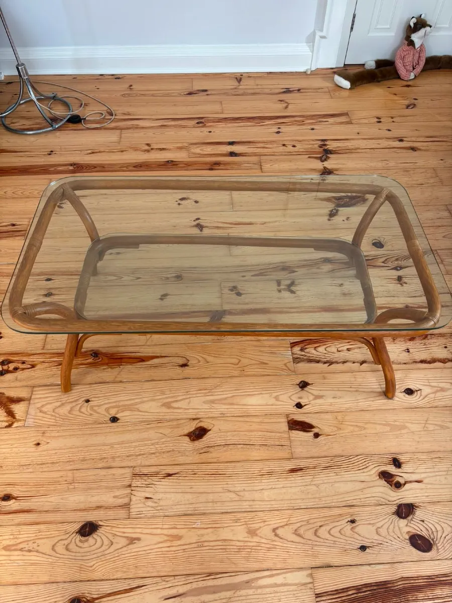Vintage Boho Bamboo & Rattan Coffee Table with Gla - Image 2
