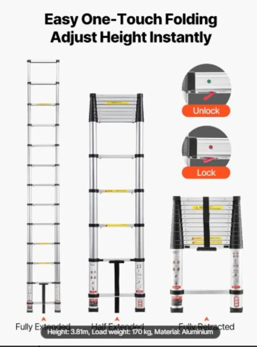 3.8m Telescoping Ladder, Aluminum Lightweight Mult - Image 2