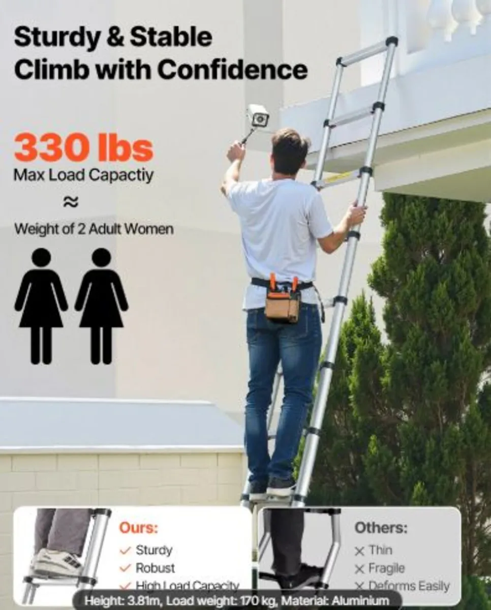 3.8m Telescoping Ladder, Aluminum Lightweight Mult - Image 3