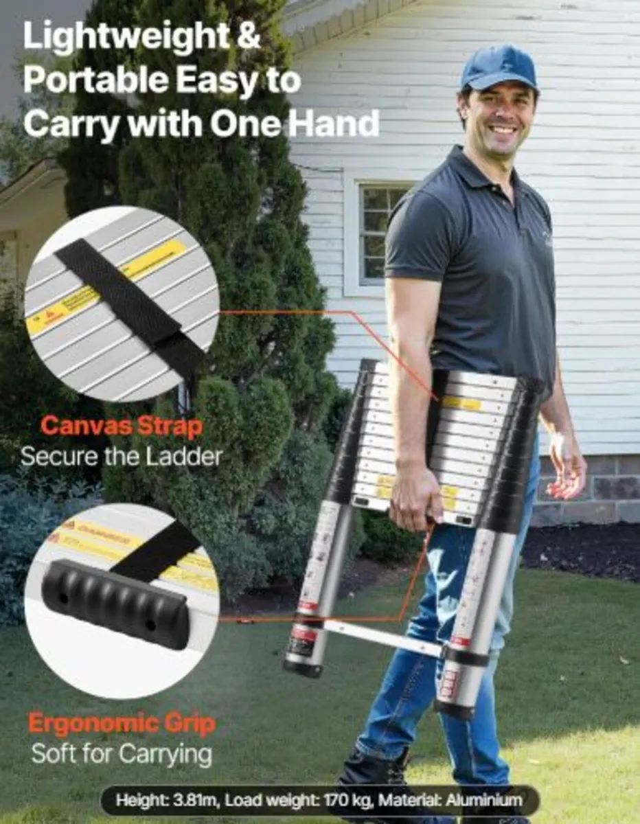 3.8m Telescoping Ladder, Aluminum Lightweight Mult - Image 4