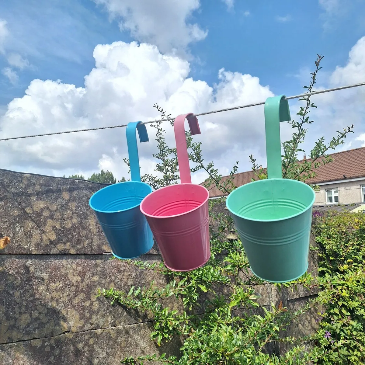 ​3 Colorful Metal Hanging Flower Pots - Image 1