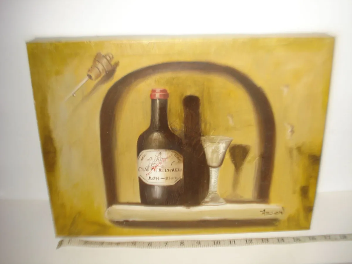 OIL PAINTING OF WINE BOTTLE AND GLASS. - Image 3