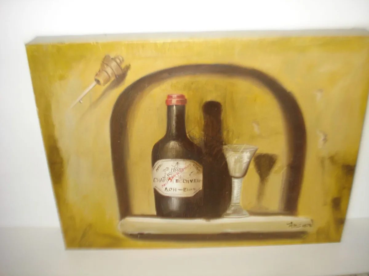 OIL PAINTING OF WINE BOTTLE AND GLASS. - Image 4