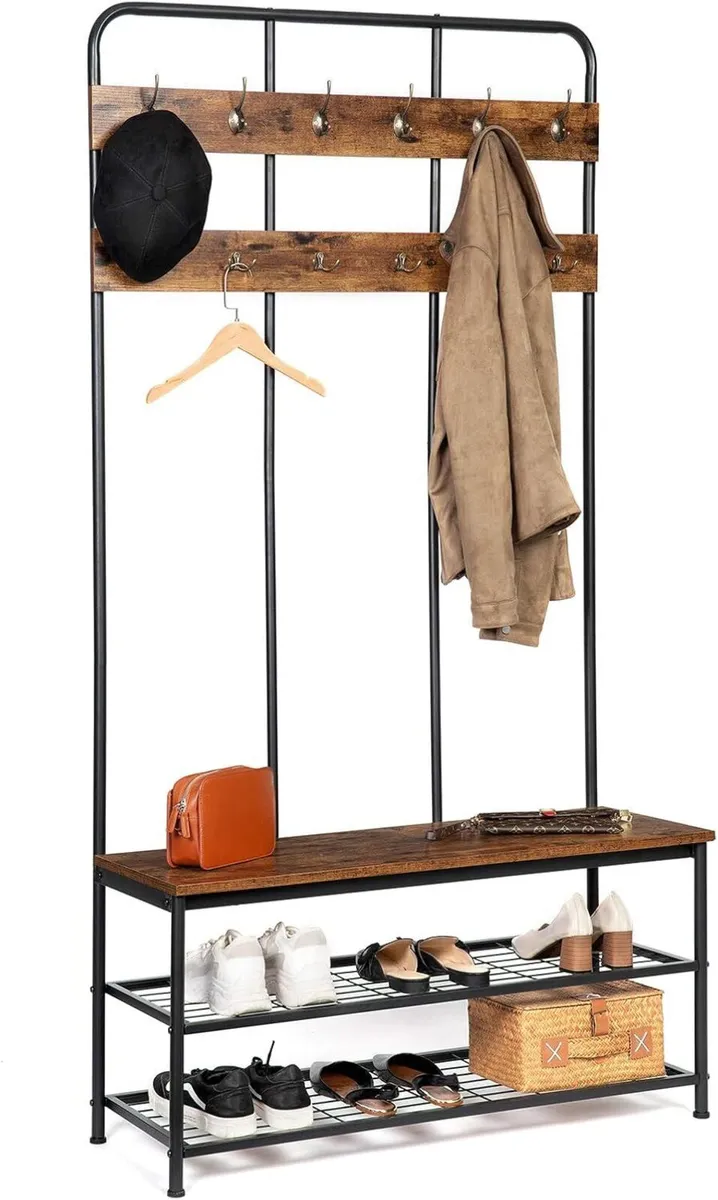 Coat Stand 182CM Rack with Shoe Bench - Image 1