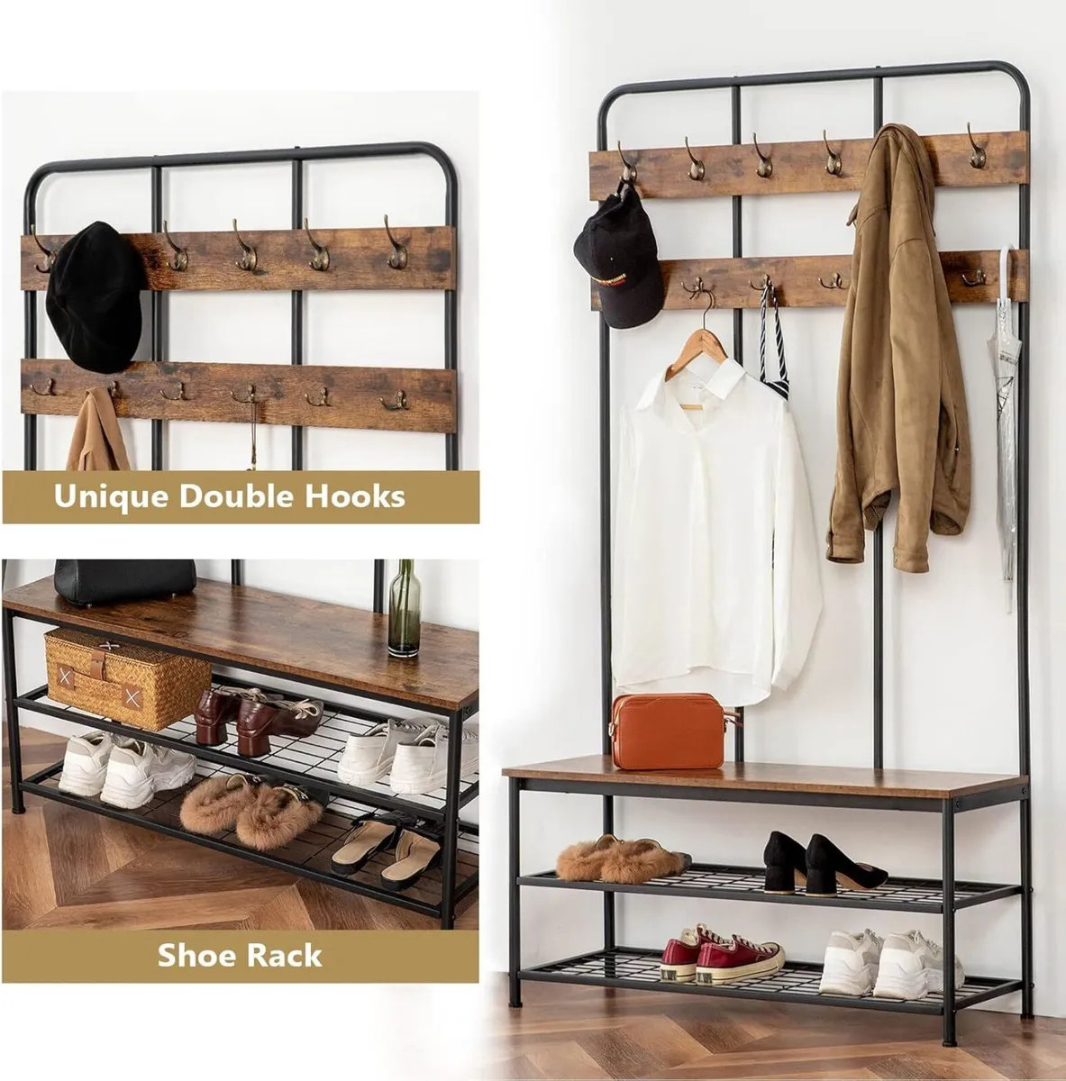 Coat Stand 182CM Rack with Shoe Bench - Image 4