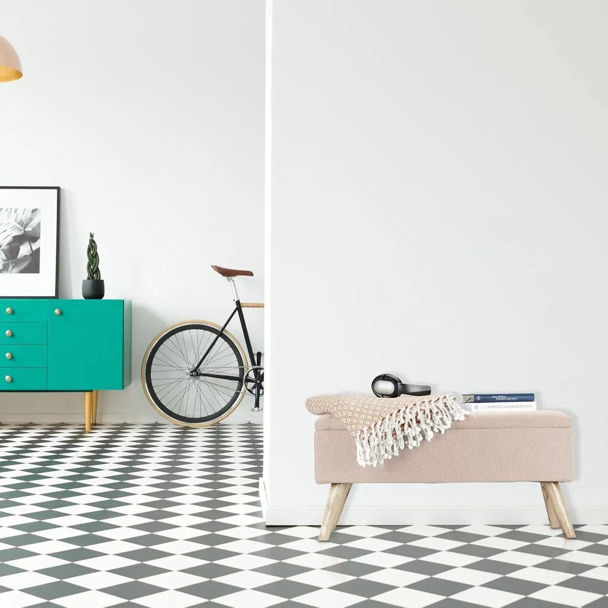 Hallway Storage Bench Padded Wooden Legs Fabric - Image 2