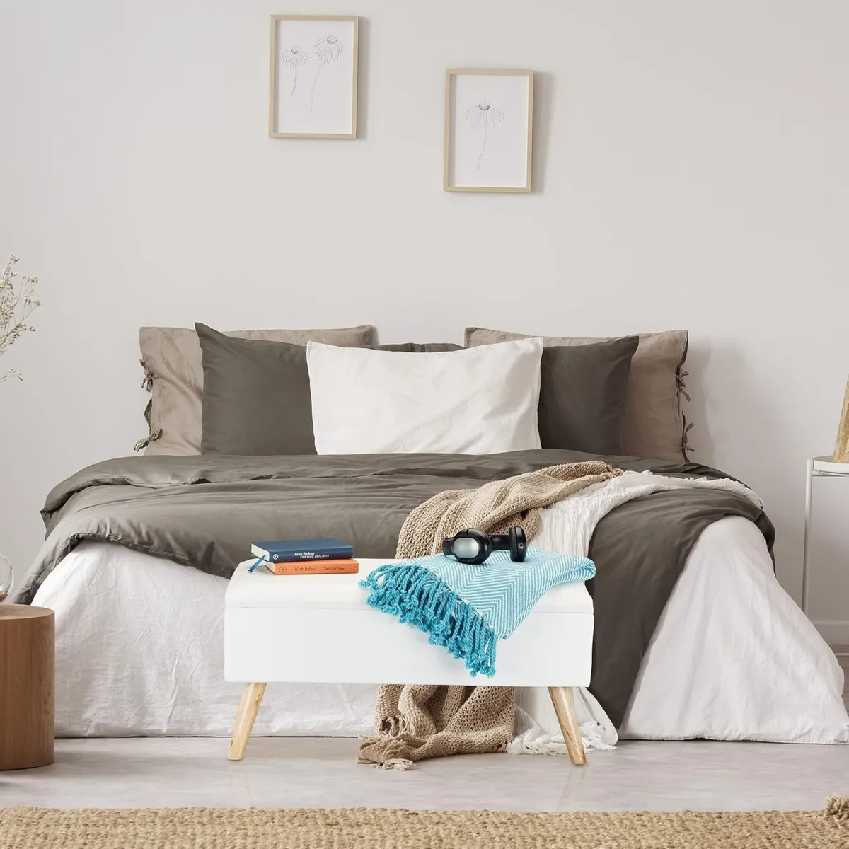 Hallway Storage Bench Padded Wooden Legs Fabric - Image 4