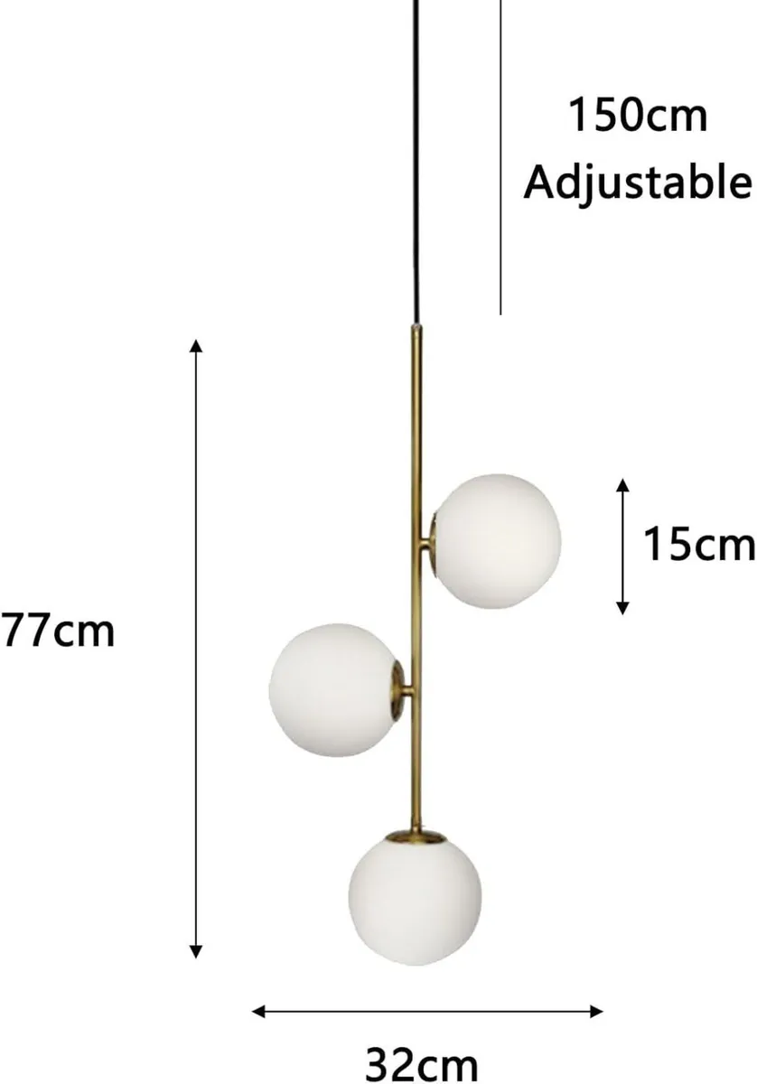 3-Light Globe Glass Pendant Light Ball Brass Matel - Image 2
