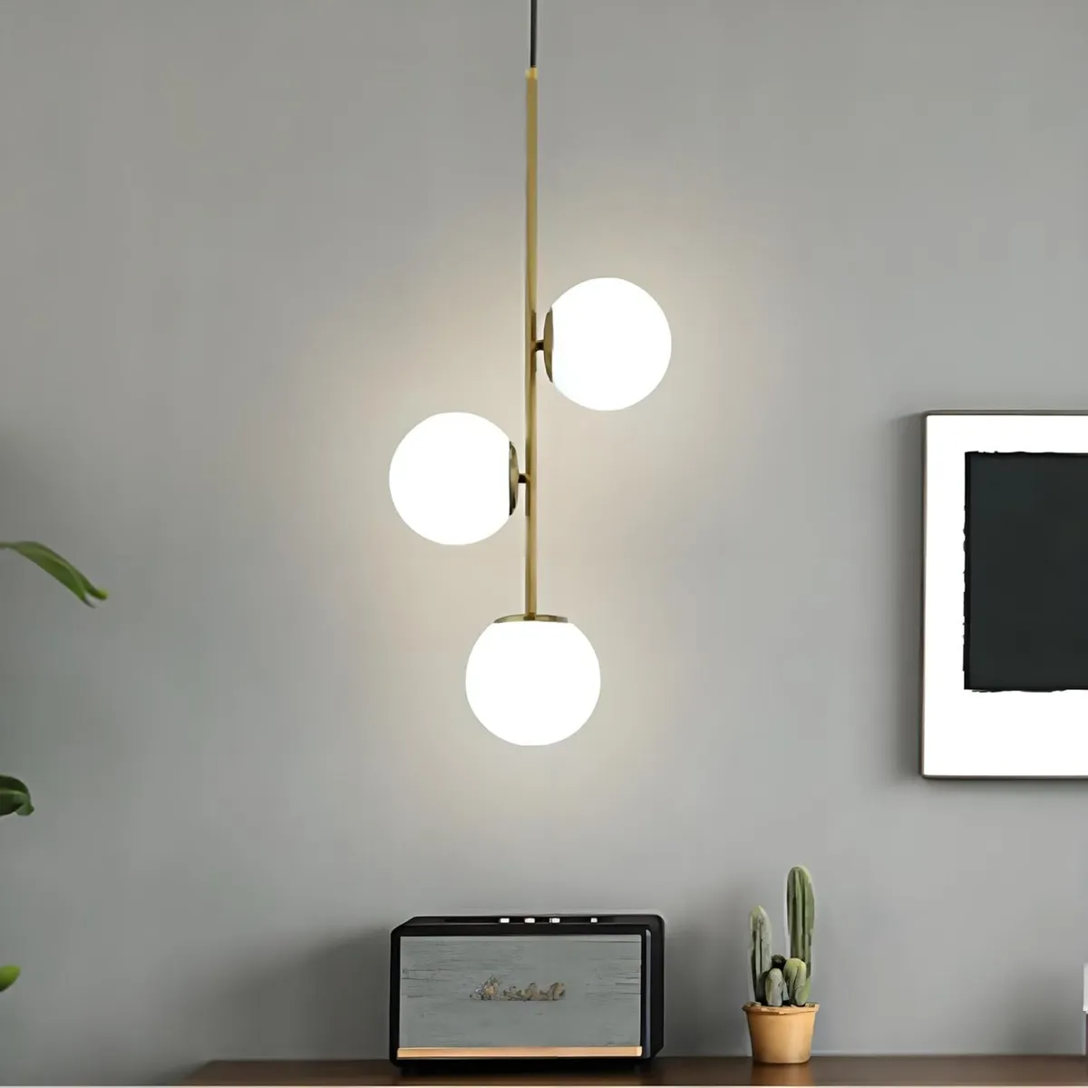 3-Light Globe Glass Pendant Light Ball Brass Matel - Image 3