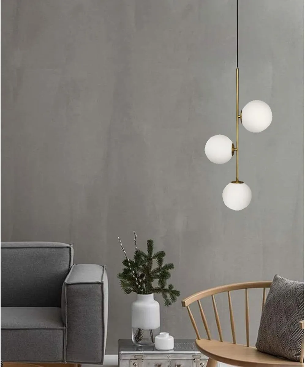 3-Light Globe Glass Pendant Light Ball Brass Matel - Image 4