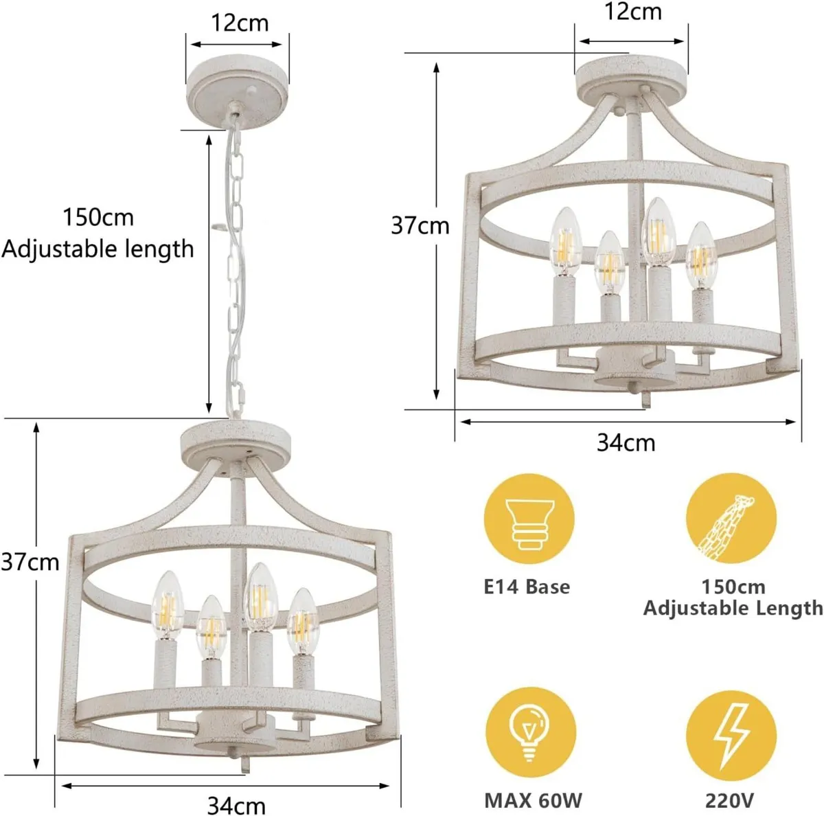 4-Light Vintage Chandelier Farmhouse Rustic - Image 2