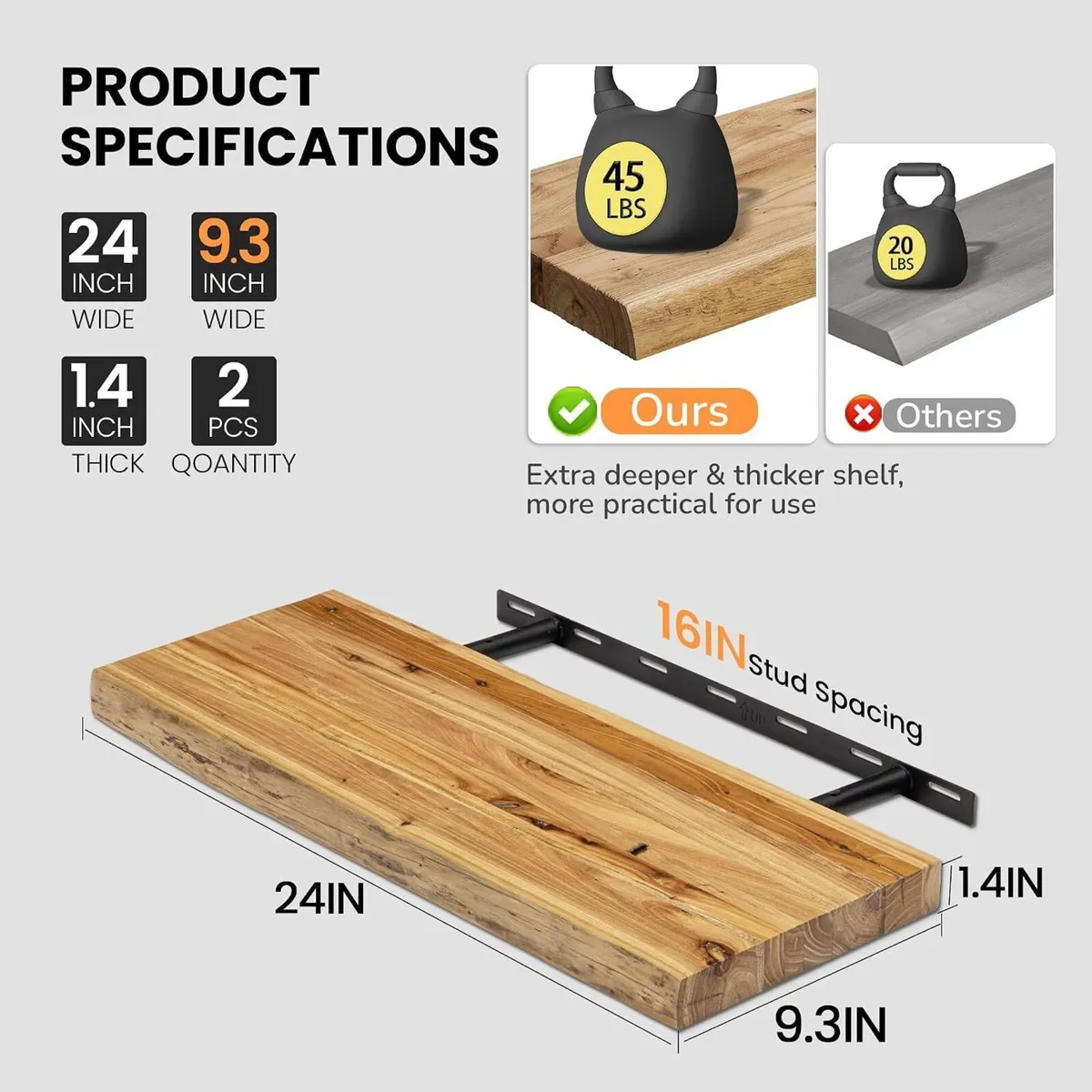 Floating Shelves for Wall x9.3" Rustic Solid Elm - Image 3