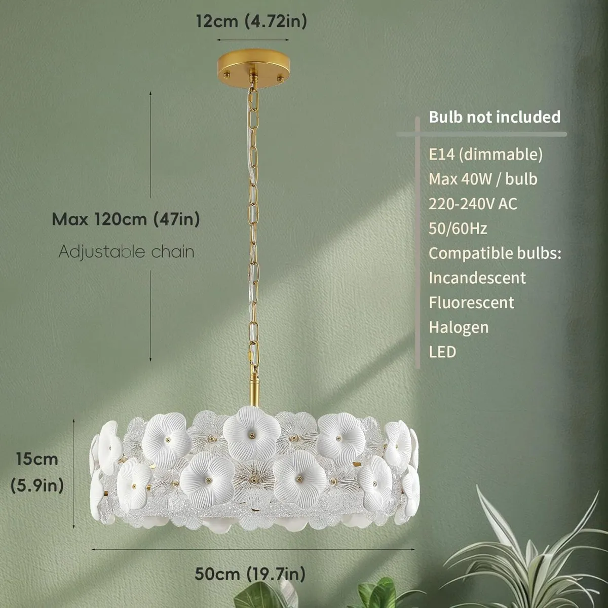Floral Ceramic Glass Chandelier 5 Light E14 - Image 4